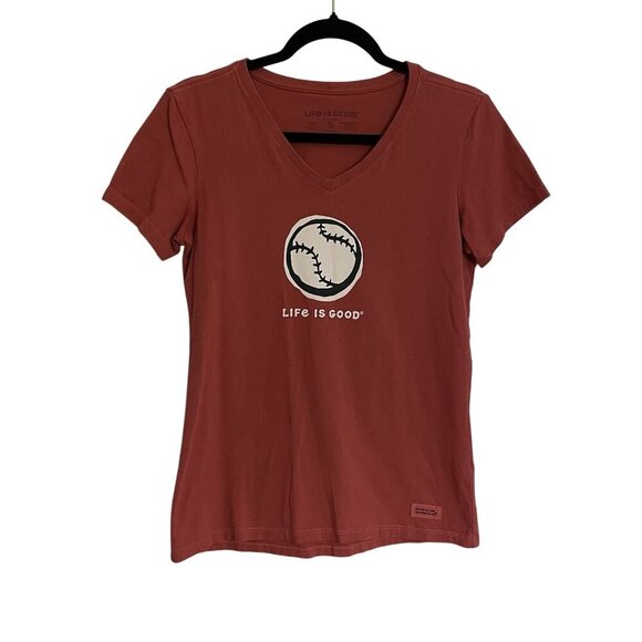 Life is Good Women Sz S Dark Salmon Baseball Graphic Short Sleeve Crusher Tee - Picture 1 of 8